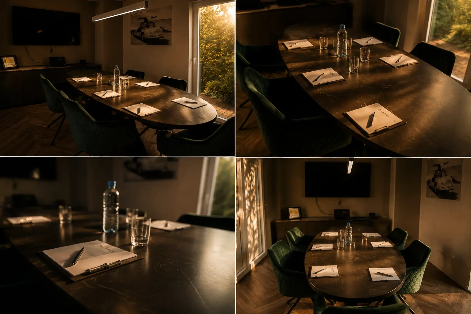 Salle de réunion baignée de lumière dorée chez The Address à Wemmel